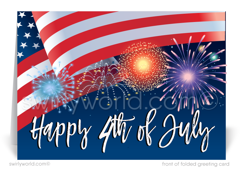Patriotic American Flag with fireworks celebrate Independence Day; happy 4th of July greeting card marketing for business professionals.