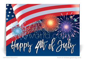 Patriotic American Flag with fireworks celebrate Independence Day; happy 4th of July greeting card marketing for business professionals.