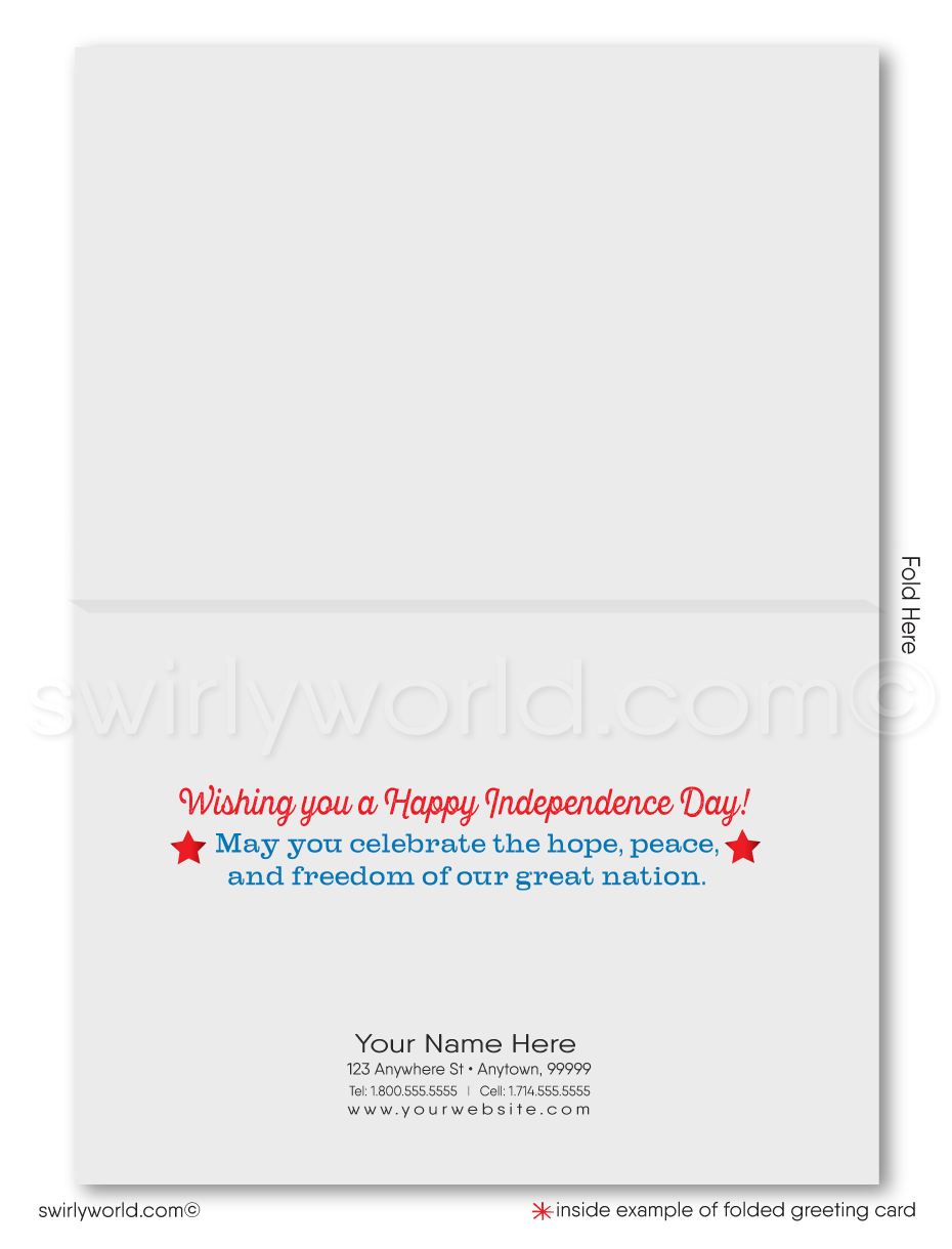 Vintage patriotic American red, white, & blue flag celebrating Happy Independence Day; happy 4th of July greeting cards for business.