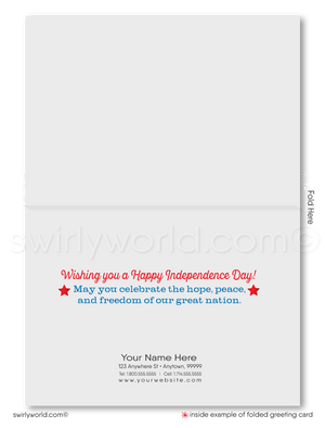 Vintage patriotic American red, white, & blue flag celebrating Happy Independence Day; happy 4th of July greeting cards for business.