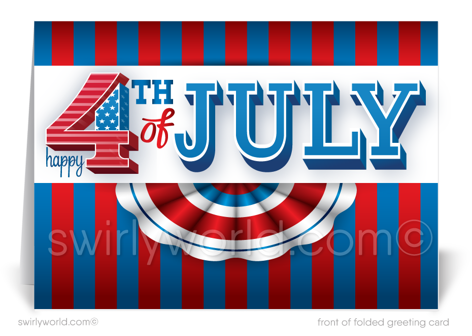 Vintage patriotic American red, white, & blue flag celebrating Happy Independence Day; happy 4th of July greeting cards for business.
