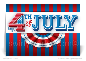 Vintage patriotic American red, white, & blue flag celebrating Happy Independence Day; happy 4th of July greeting cards for business.