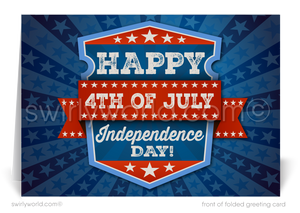 Patriotic American vintage red, white, and blue flag with stars celebrating Happy Independence Day; happy 4th of July greeting cards for business.