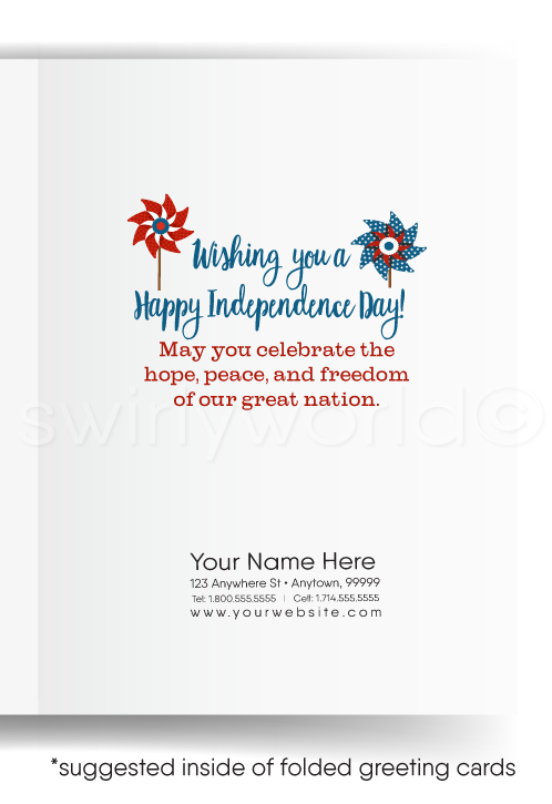 Patriotic American red, white, & blue vintage pinwheels Happy Independence Day; happy 4th of July greeting cards for business.