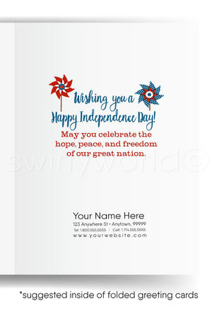 Patriotic American red, white, & blue vintage pinwheels Happy Independence Day; happy 4th of July greeting cards for business.