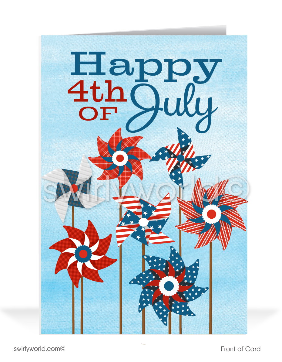Patriotic American red, white, & blue vintage pinwheels Happy Independence Day; happy 4th of July greeting cards for business.
