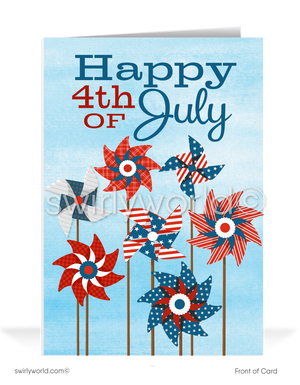Patriotic American red, white, & blue vintage pinwheels Happy Independence Day; happy 4th of July greeting cards for business.