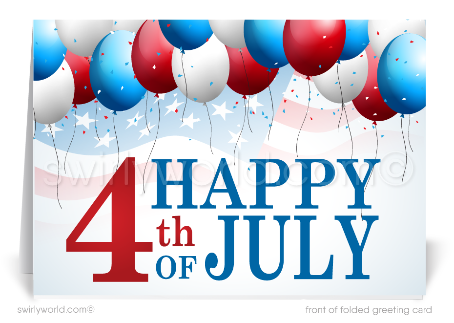 Patriotic American flag balloons red, white, and blue celebrating Independence Day; happy 4th of July greeting cards.