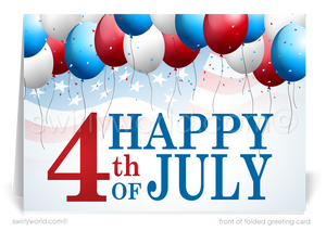 Patriotic American flag balloons red, white, and blue celebrating Independence Day; happy 4th of July greeting cards.