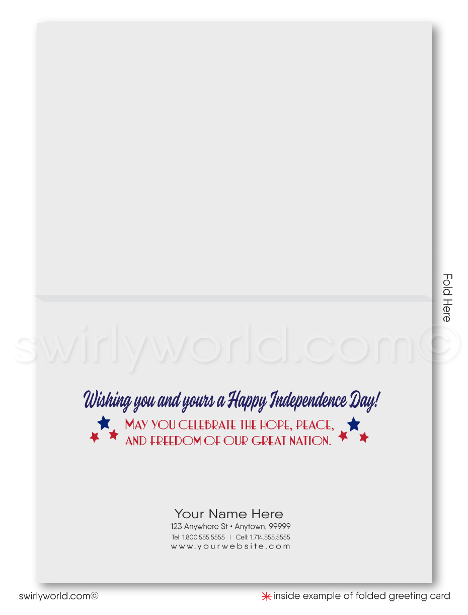  Patriotic American red, white, and blue star Happy Independence Day; happy 4th of July greeting cards for business.