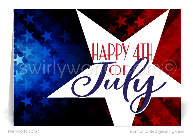  Patriotic American red, white, and blue star Happy Independence Day; happy 4th of July greeting cards for business.
