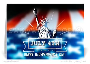 Patriotic American red, white, & blue flag with Statue of Liberty Happy Independence Day; happy 4th of July greeting cards for business.
