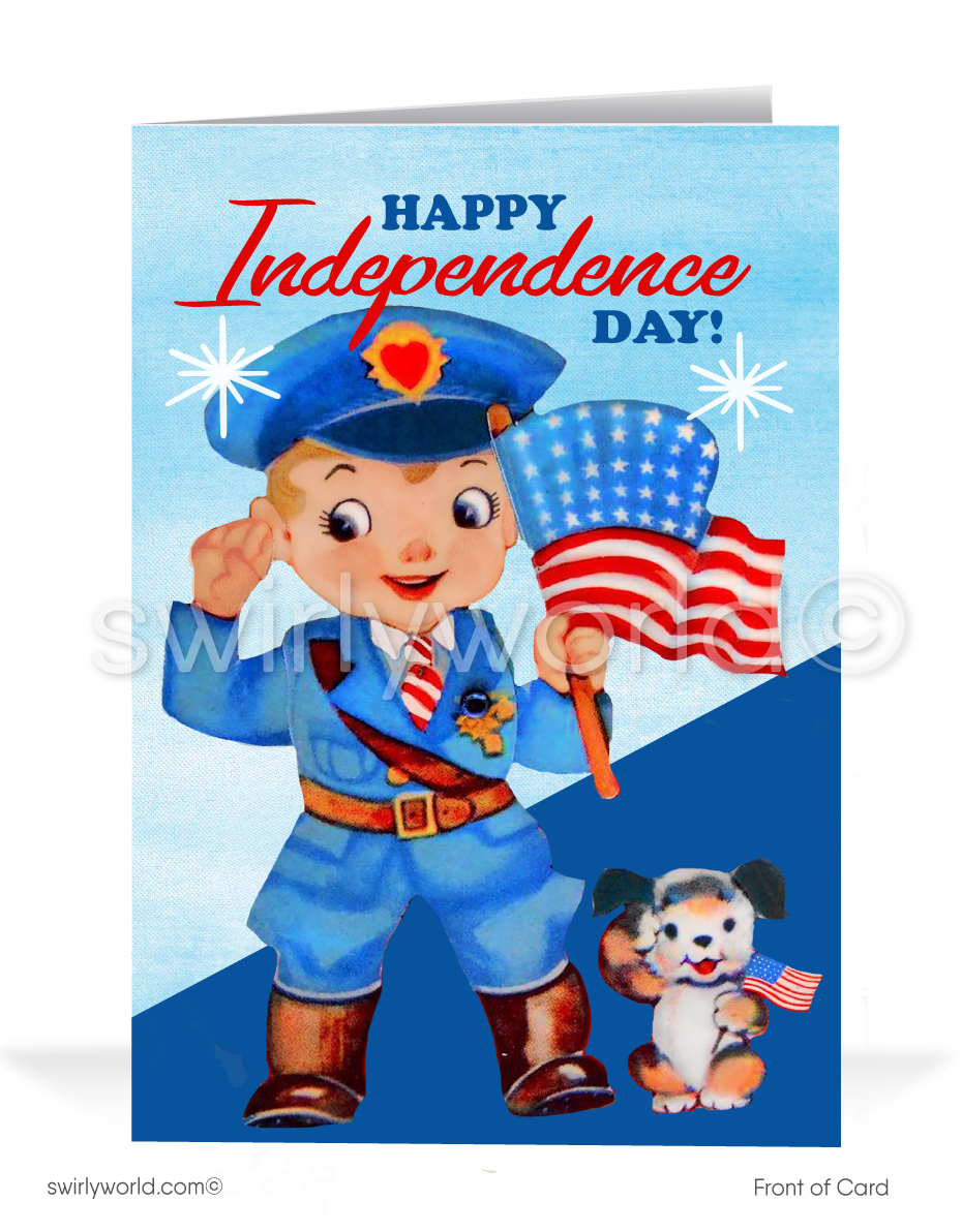 Cute Mid-Century Vintage 1950's Military Saluting American Flag 4th of July Cards