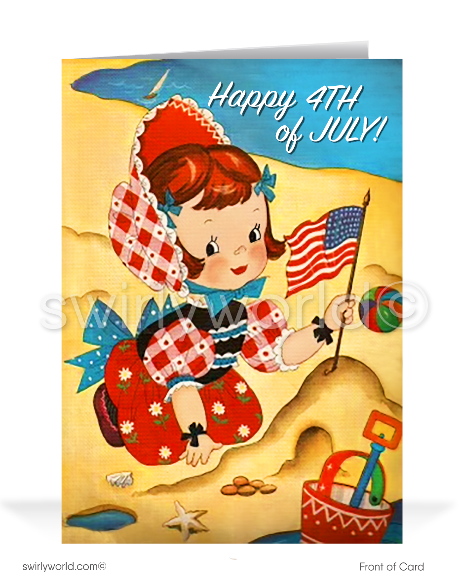 Cute Retro Kitschy Vintage 1950's Summer Girl Patriotic 4th of July Greeting Cards
