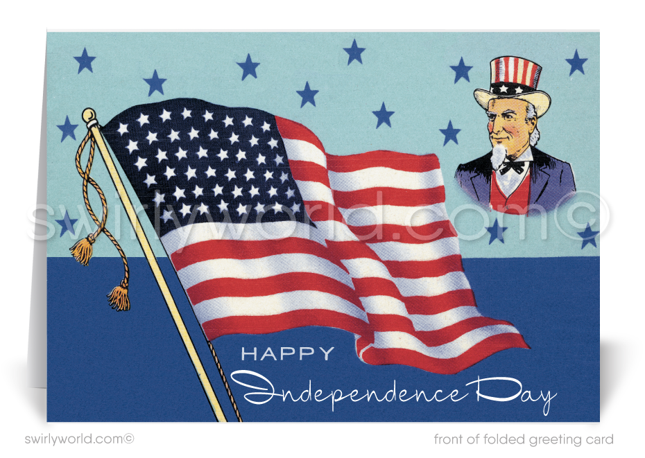 Vintage retro modern American Flag 4th of July greeting cards.Mid-Century Modern Uncle Sam with American Flag 1950s Vintage 4th of July Cards