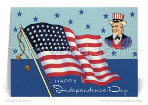 Vintage retro modern American Flag 4th of July greeting cards.Mid-Century Modern Uncle Sam with American Flag 1950s Vintage 4th of July Cards