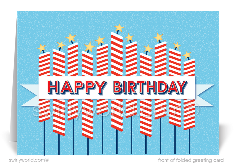 Retro Mod patriotic American red, white, and blue candles fireworks Happy Independence Day; happy 4th of July greeting cards for business.