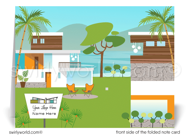 Retro Mid-Century Modern Thank Note Cards For Sales Marketing Realtors. Cool MCM mid-century style retro modern houses on waterfront thank you for your referrals note cards for realtors®.
