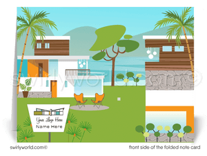 Retro Mid-Century Modern Thank Note Cards For Sales Marketing Realtors. Cool MCM mid-century style retro modern houses on waterfront thank you for your referrals note cards for realtors®.