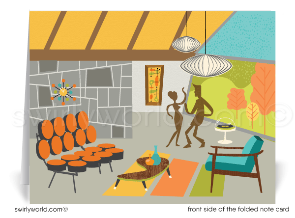 Retro mid-century modern Palm Springs home interior note cards for Realtors.