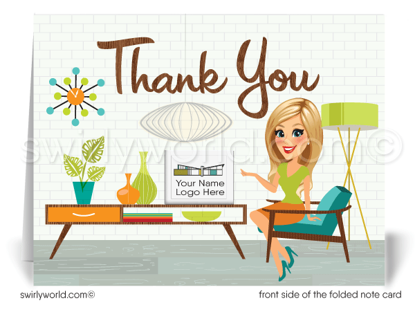 Retro Mid-Century Modern Home Thank You Note Cards for Realtors, Architects, Designers. Retro Mid-Century Modern Home Interior Thank You Note Cards for Realtors