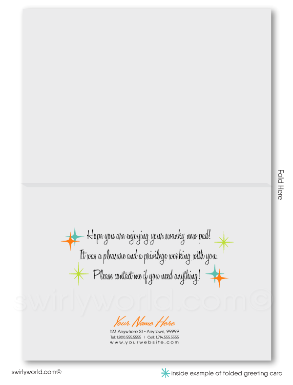 Retro mid-century modern Palm Springs home interior note cards for Realtors. Woman realtor avatar