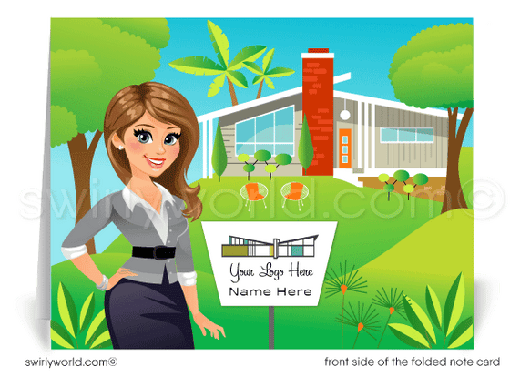 Retro mid-century modern Palm Springs home interior note cards for Realtors. Woman realtor avatar