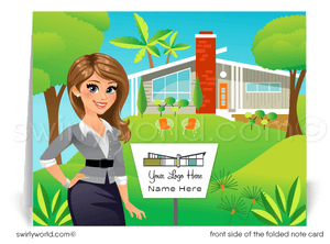 Retro mid-century modern Palm Springs home interior note cards for Realtors. Woman realtor avatar
