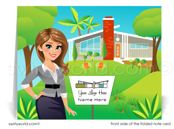 Retro mid-century modern Palm Springs home interior note cards for Realtors. Woman realtor avatar