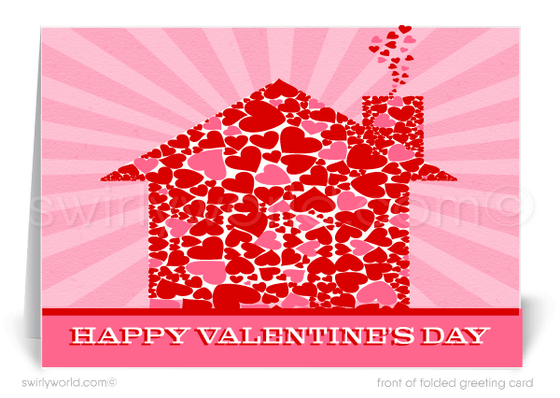 Adorable pink house with hearts coming out of the chimney Valentine's Day greeting cards for Realtors.