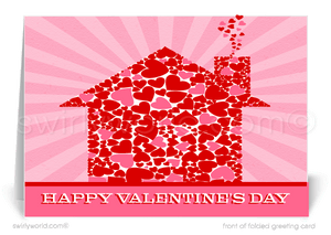 Adorable pink house with hearts coming out of the chimney Valentine's Day greeting cards for Realtors.