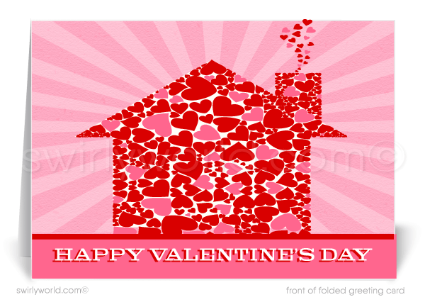 Adorable pink house with hearts coming out of the chimney Valentine's Day greeting cards for Realtors.