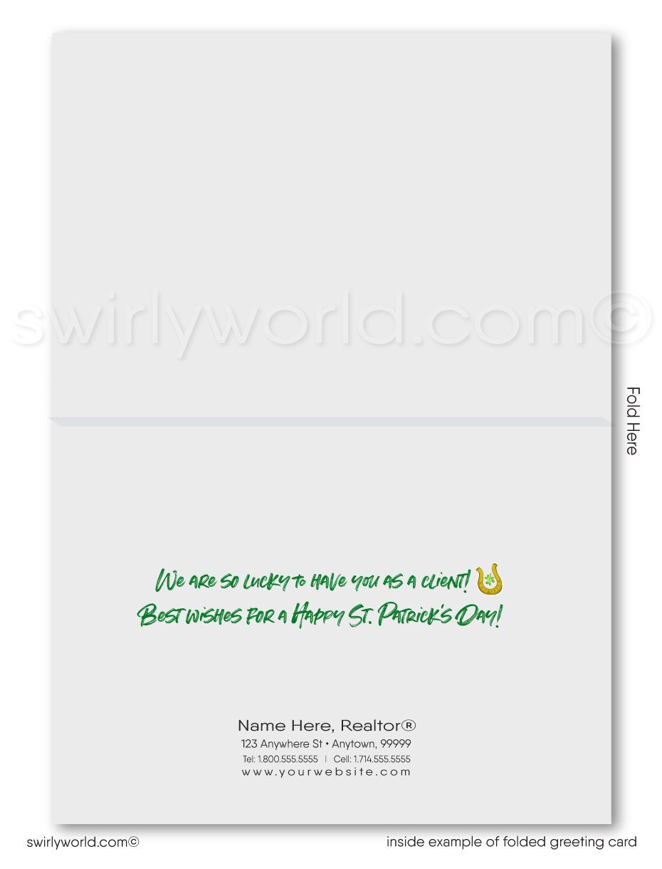 Celebrate St. Patrick’s Day with festive greeting cards! Customizable design with shamrocks, horseshoes & retro calligraphy—perfect for client appreciation.