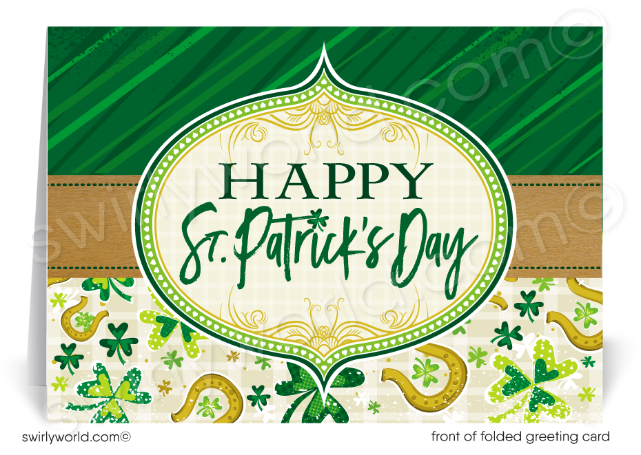 Celebrate St. Patrick’s Day with festive greeting cards! Customizable design with shamrocks, horseshoes & retro calligraphy—perfect for client appreciation.