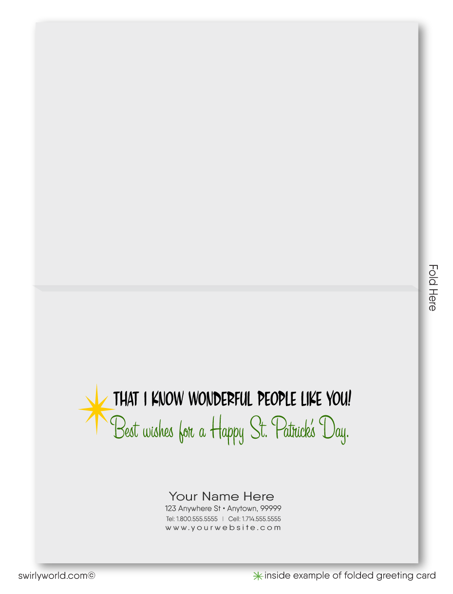 Celebrate St. Patrick’s Day with retro-style greeting cards! Featuring a kitschy leprechaun bird & shamrocks, perfect for client appreciation & business.