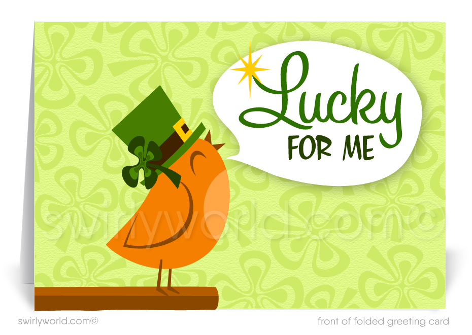 cute st. patrick's day greeting cards for business marketing. Lucky to have you as a customer. Corporate professional business "Lucky to have you as a customer" green shamrocks little bird leprechaun happy St. Patrick's Day greeting cards.