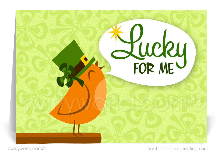 Celebrate St. Patrick’s Day with retro-style greeting cards! Featuring a kitschy leprechaun bird & shamrocks, perfect for client appreciation & business.