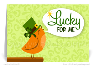 Celebrate St. Patrick’s Day with retro-style greeting cards! Featuring a kitschy leprechaun bird & shamrocks, perfect for client appreciation & business.