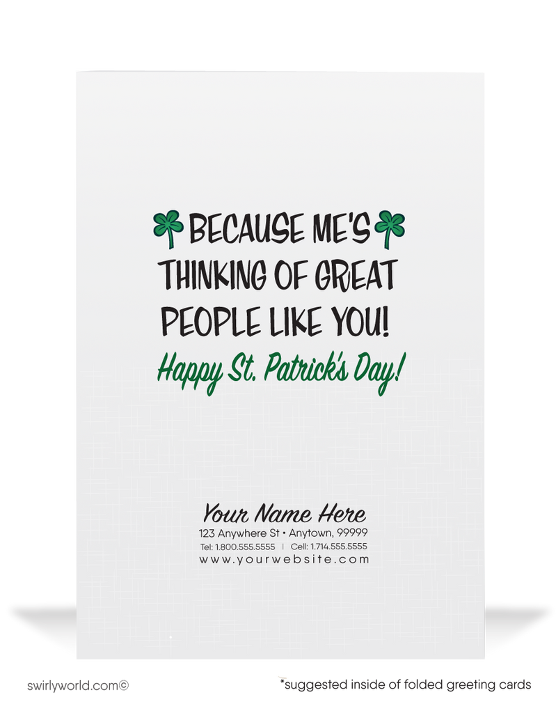 Cute Irish eyes are smiling leprechaun with rainbow and pot of gold, green shamrocks happy St. Patrick's Day greeting cards.