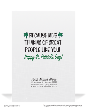 Cute Irish eyes are smiling leprechaun with rainbow and pot of gold, green shamrocks happy St. Patrick's Day greeting cards.