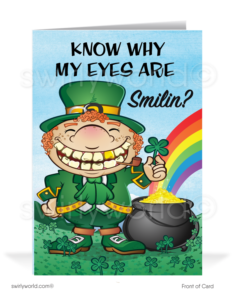Celebrate St. Patrick’s Day with a vintage-style card featuring a cheerful leprechaun, lucky clover, golden horseshoe, and pot of gold. Perfect for clients & friends!