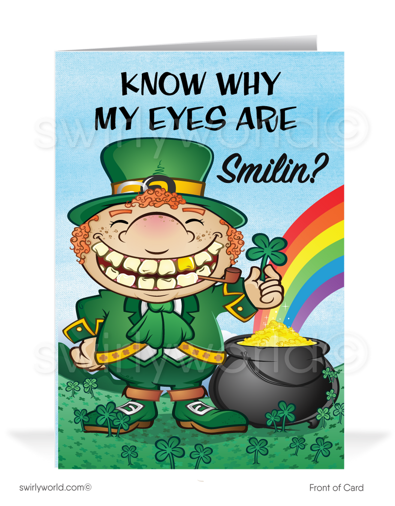 Cute Irish eyes are smiling leprechaun with rainbow and pot of gold, green shamrocks happy St. Patrick's Day greeting cards.