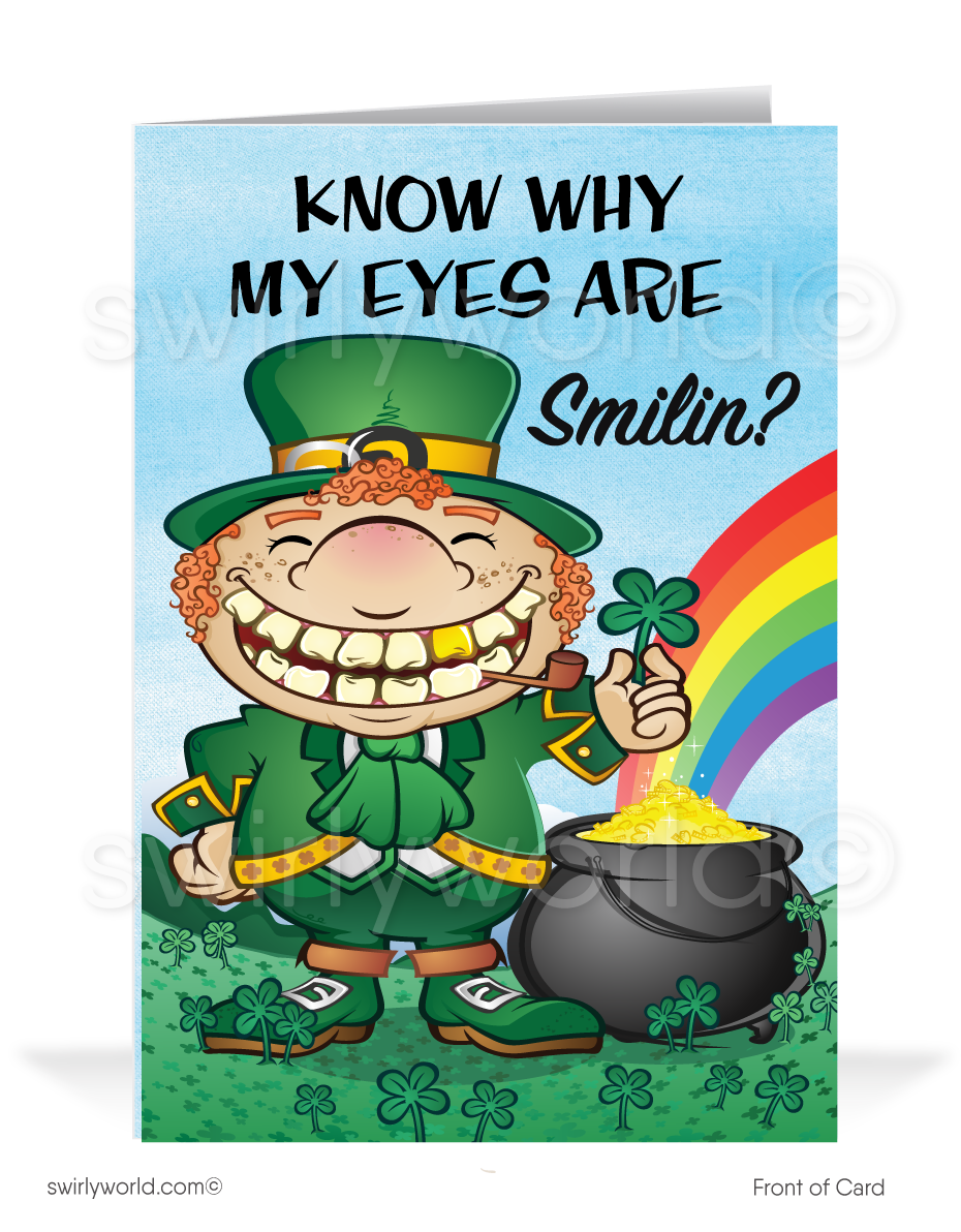 Celebrate St. Patrick’s Day with a vintage-style card featuring a cheerful leprechaun, lucky clover, golden horseshoe, and pot of gold. Perfect for clients & friends!