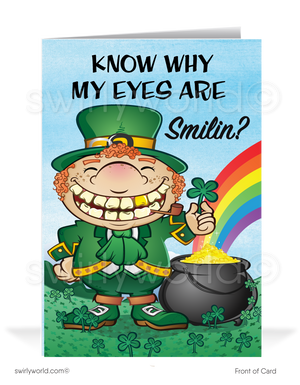 Celebrate St. Patrick’s Day with a vintage-style card featuring a cheerful leprechaun, lucky clover, golden horseshoe, and pot of gold. Perfect for clients & friends!