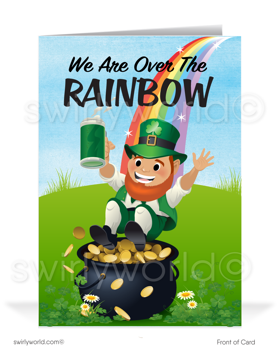 Celebrate St. Patrick’s Day with a custom greeting card! Featuring a leprechaun riding a rainbow into a pot of gold, it’s a fun way to spread Irish cheer & gratitude.