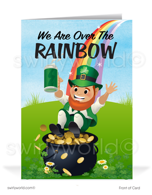 Celebrate St. Patrick’s Day with a custom greeting card! Featuring a leprechaun riding a rainbow into a pot of gold, it’s a fun way to spread Irish cheer & gratitude.