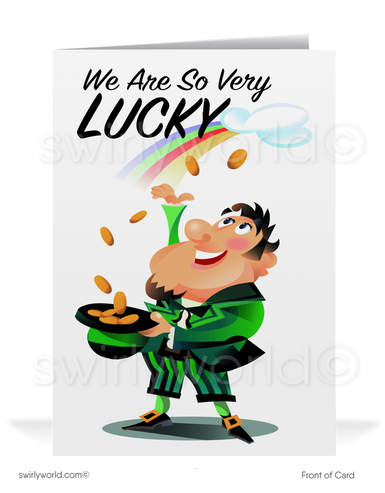 Business "Lucky to have you as a customer" green shamrocks leprechaun with pot of gold at end of rainbow happy St. Patrick's Day greeting cards.