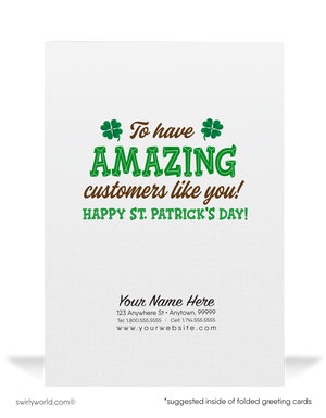 Cute business "Lucky to have you as a customer" green shamrocks leprechaun happy St. Patrick's Day greeting cards. 