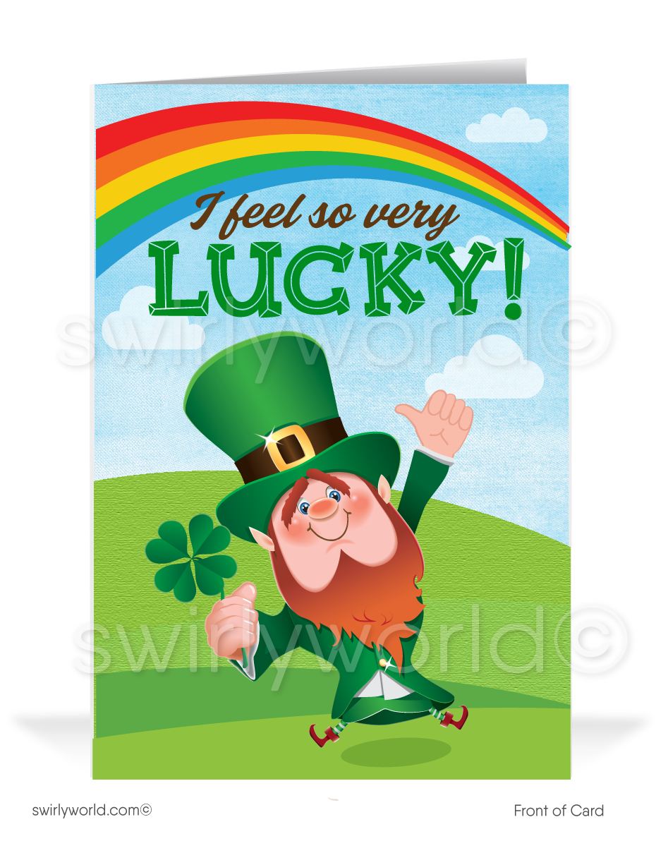 Celebrate St. Patrick’s Day with festive charm and a touch of Irish cheer with this customizable greeting card—perfect for building lasting connections with clients and prospects while showcasing your brand. Share your gratitude with a heartfelt message, letting them know how lucky you feel to have their trust and support.

This whimsical design features a cheerful leprechaun dressed in classic Irish attire, complete with a top hat, joyfully kicking up his heels in celebration. He proudly holds a lucky four