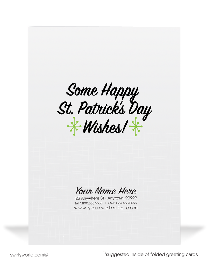 Cute business "Lucky to have you as a customer" green shamrocks Irish Red-head barmaid with beers happy St. Patrick's Day cards.